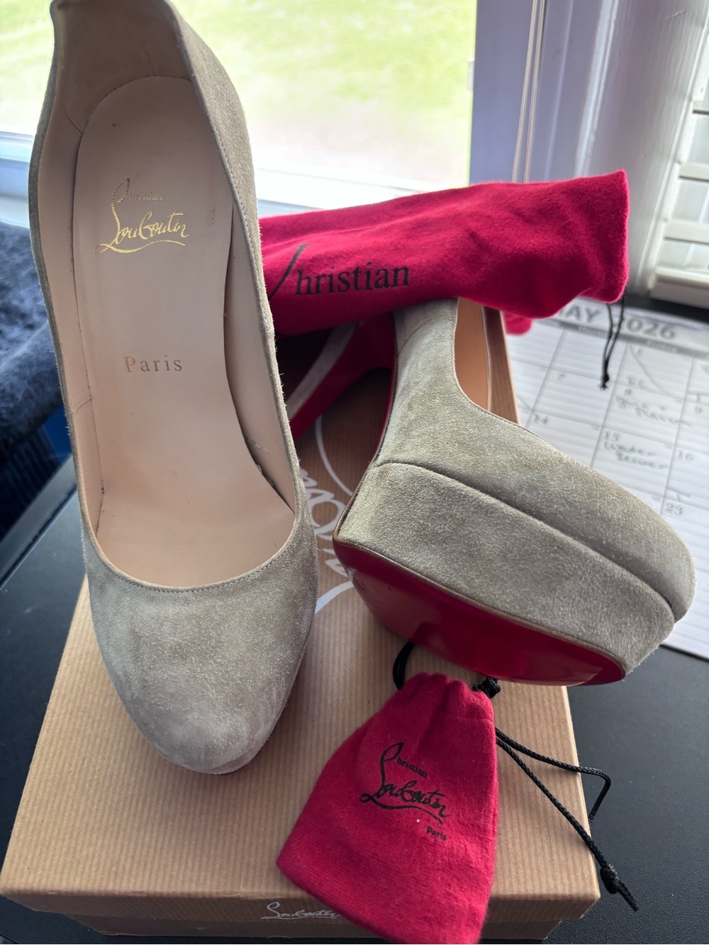 Christian Louboutin BIANCEZIP Taupe Suede Platform Pumps
